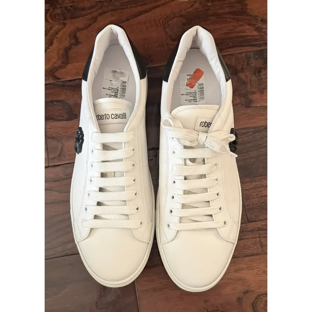 $895 Roberto Cavalli Men’s White Leather RC Logo Sneakers 13(46) NIB Made Italy